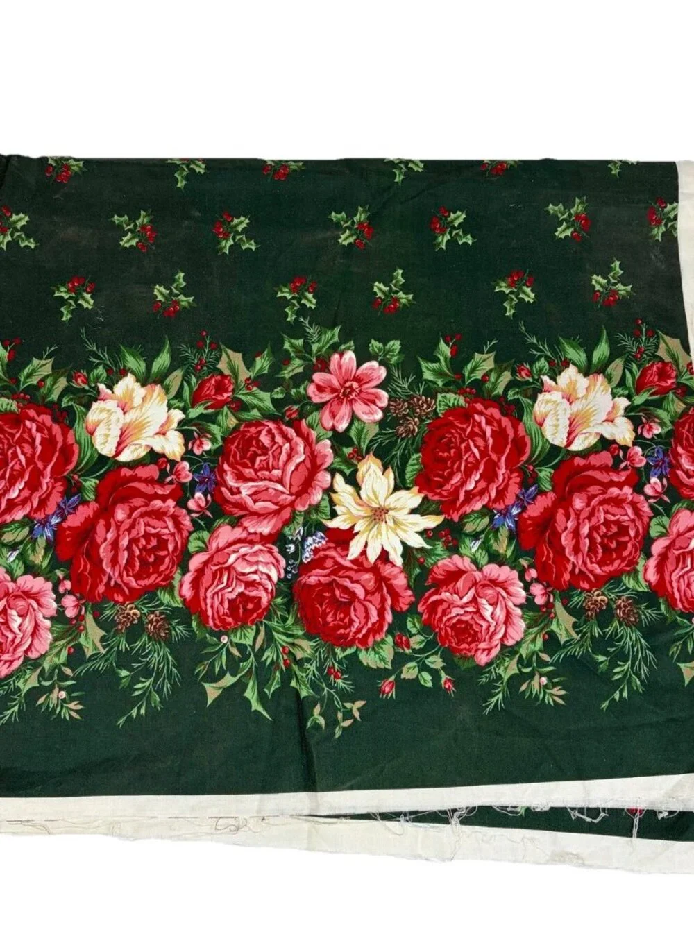 Vtg VIP Christmas Rose Apron Cut & Sew Fabric Panel Floral Holly Holiday Green